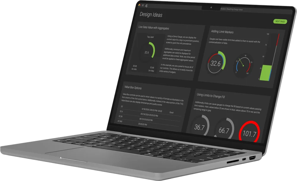 Laptop showing an Axiom design ideas screen with gauges and value boxes